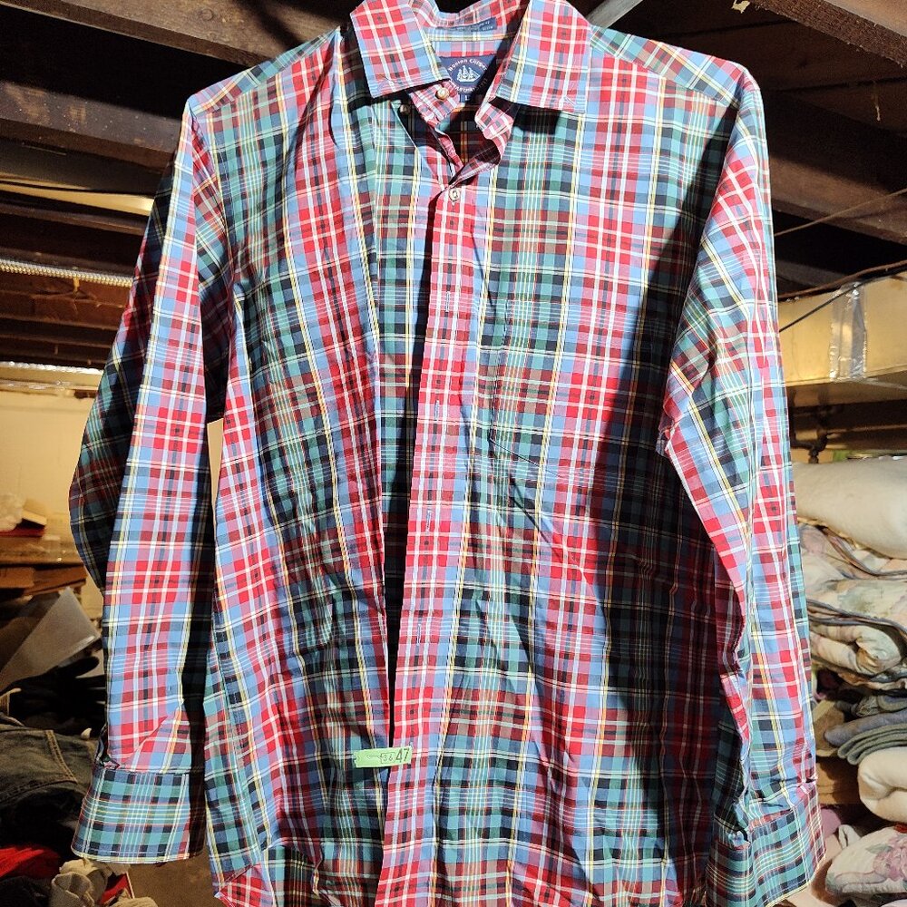 100% Cotton Quality Boston Clipper Mens Large Plaid Vintage Button Shirt